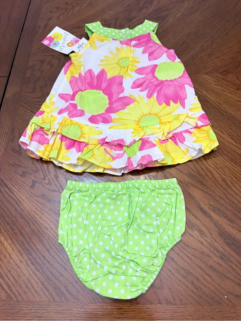 Kohl's Pink, Yellow & Lime Floral Dress with Lime Polka Dot Bloomers